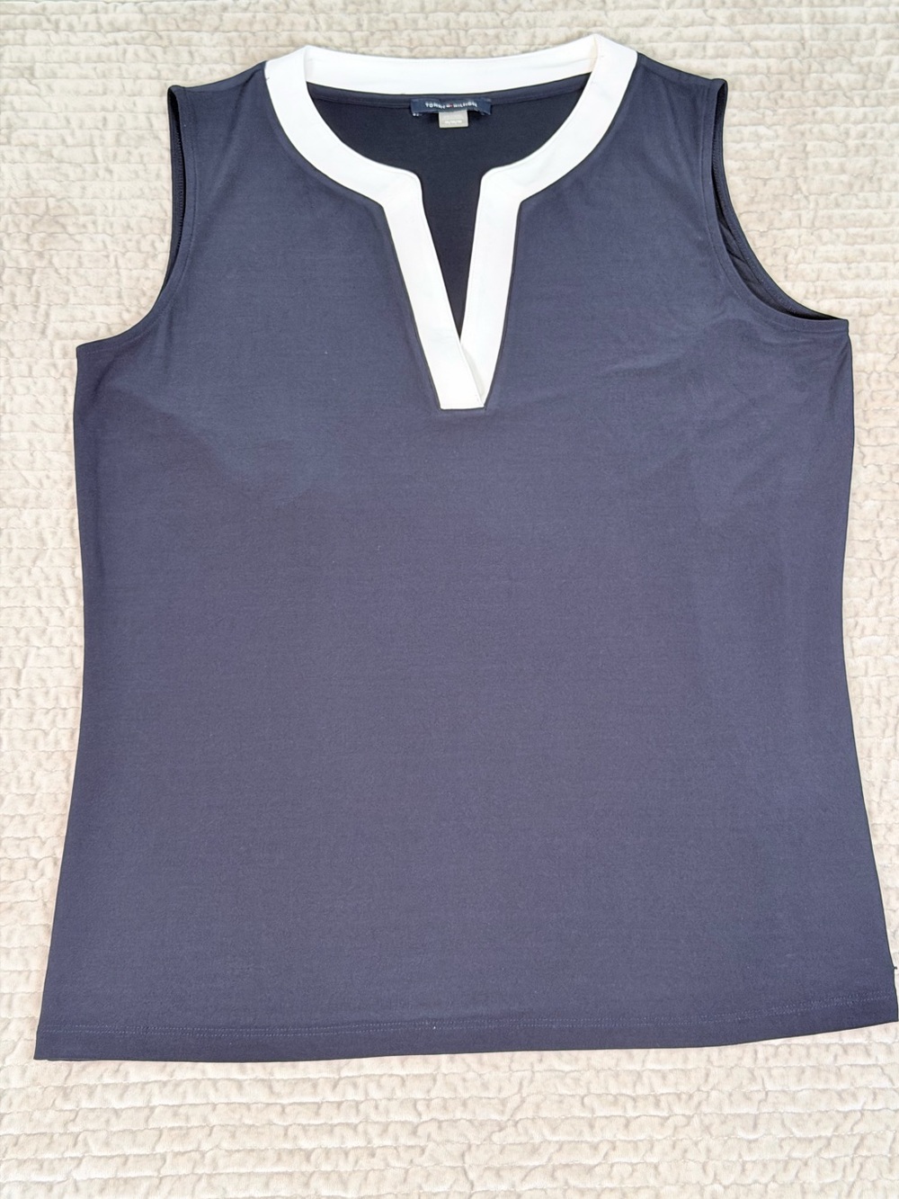 TOMMY HILFIGER Sleeveless Split Neck Top Women's Medium Navy & White Stretch